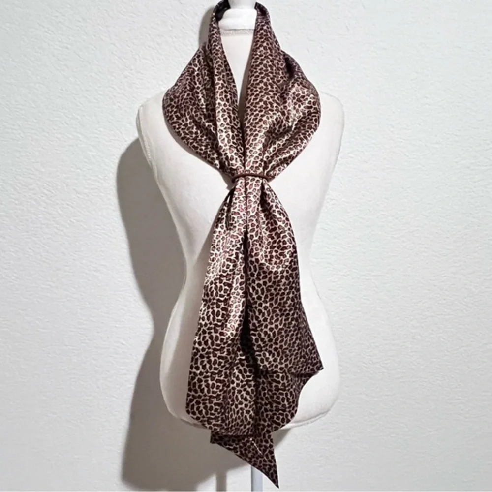 Dennis by Dennis Basso Brown Black Cream Satin Animal Print Scarf Large Unisex